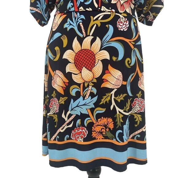 BCBGMAXAZRIA Woodblock Navy Folk Art Floral Dress Tie Waist Peplum Sheath Dress - Picture 4 of 9